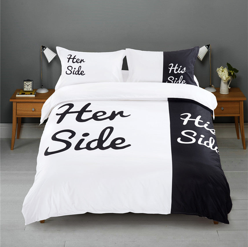 Black&white Her Side His Side bedding sets Queen/King Size double bed 3pcs/4pcs Bed Linen Couples Duvet Cover Set
