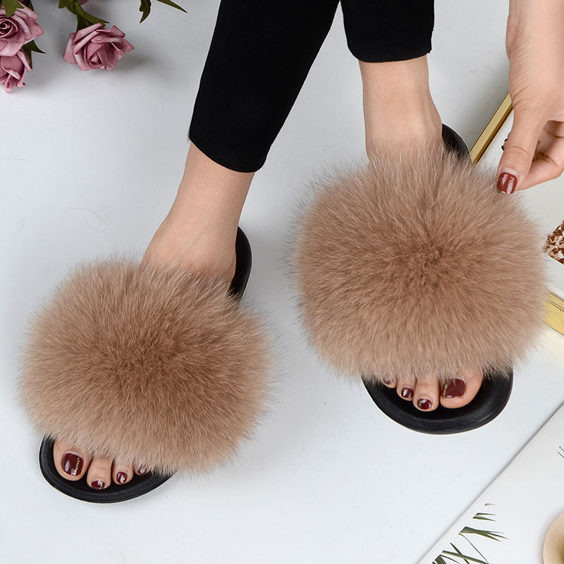 Women Summer Casual Fluffy Slippers With Fur Flat Non-Slip Real Fox Fur Furry Slides Large Size Shoes Fur Sandals