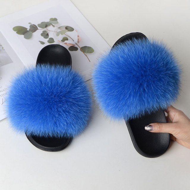 Women Summer Casual Fluffy Slippers With Fur Flat Non-Slip Real Fox Fur Furry Slides Large Size Shoes Fur Sandals