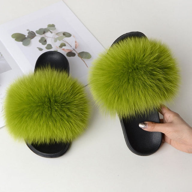 Women Summer Casual Fluffy Slippers With Fur Flat Non-Slip Real Fox Fur Furry Slides Large Size Shoes Fur Sandals