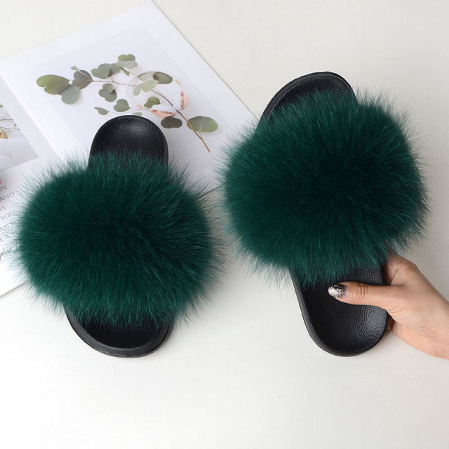 Women Summer Casual Fluffy Slippers With Fur Flat Non-Slip Real Fox Fur Furry Slides Large Size Shoes Fur Sandals