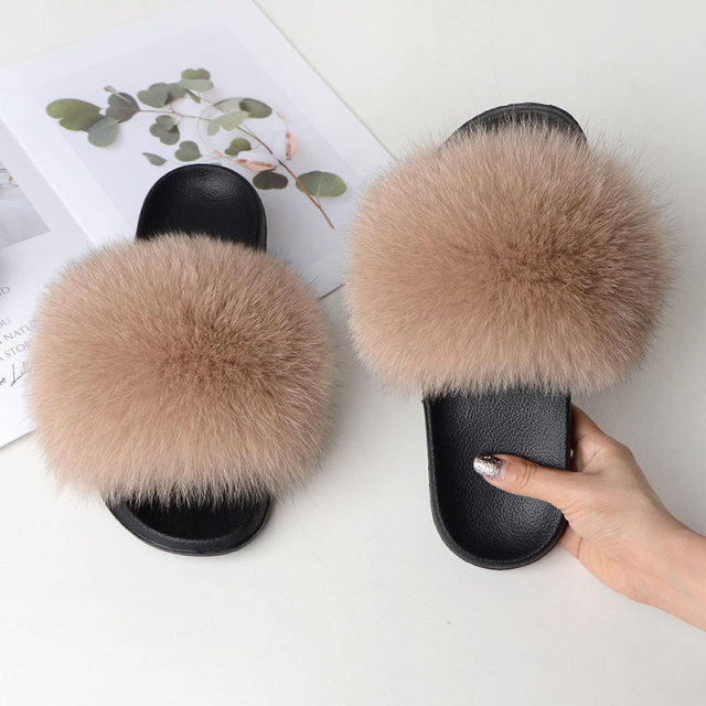 Women Summer Casual Fluffy Slippers With Fur Flat Non-Slip Real Fox Fur Furry Slides Large Size Shoes Fur Sandals