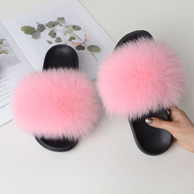 Women Summer Casual Fluffy Slippers With Fur Flat Non-Slip Real Fox Fur Furry Slides Large Size Shoes Fur Sandals