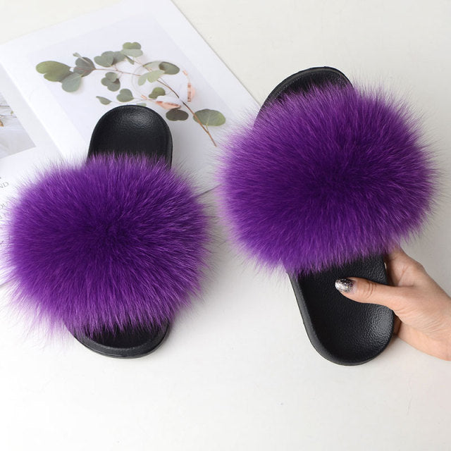 Women Summer Casual Fluffy Slippers With Fur Flat Non-Slip Real Fox Fur Furry Slides Large Size Shoes Fur Sandals