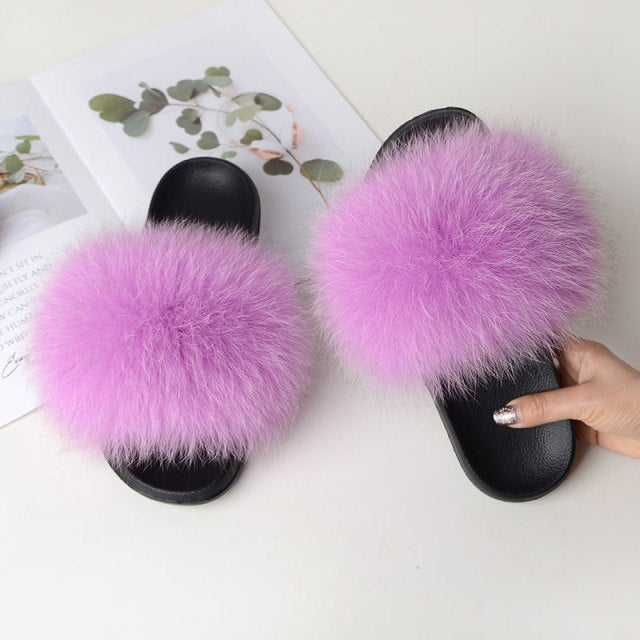 Women Summer Casual Fluffy Slippers With Fur Flat Non-Slip Real Fox Fur Furry Slides Large Size Shoes Fur Sandals