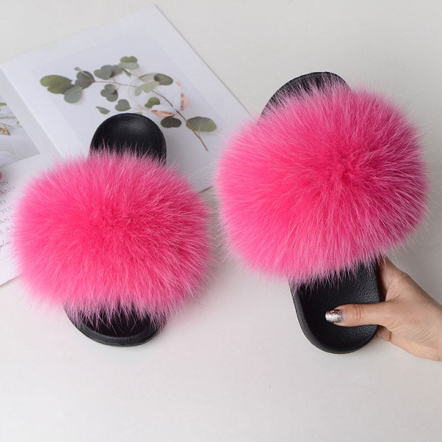 Women Summer Casual Fluffy Slippers With Fur Flat Non-Slip Real Fox Fur Furry Slides Large Size Shoes Fur Sandals