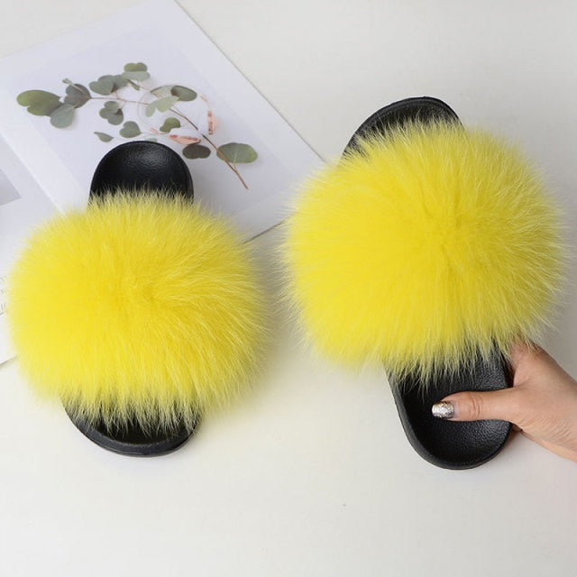 Women Summer Casual Fluffy Slippers With Fur Flat Non-Slip Real Fox Fur Furry Slides Large Size Shoes Fur Sandals