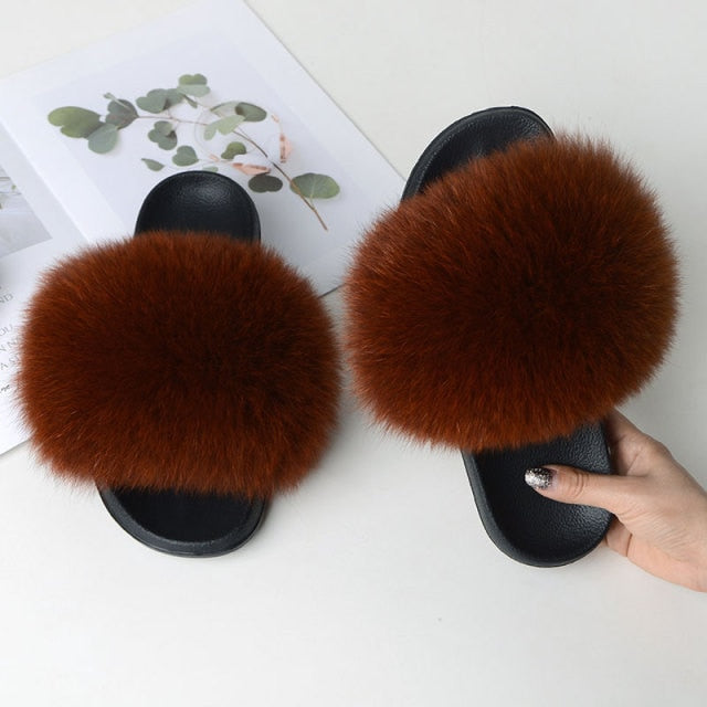 Women Summer Casual Fluffy Slippers With Fur Flat Non-Slip Real Fox Fur Furry Slides Large Size Shoes Fur Sandals