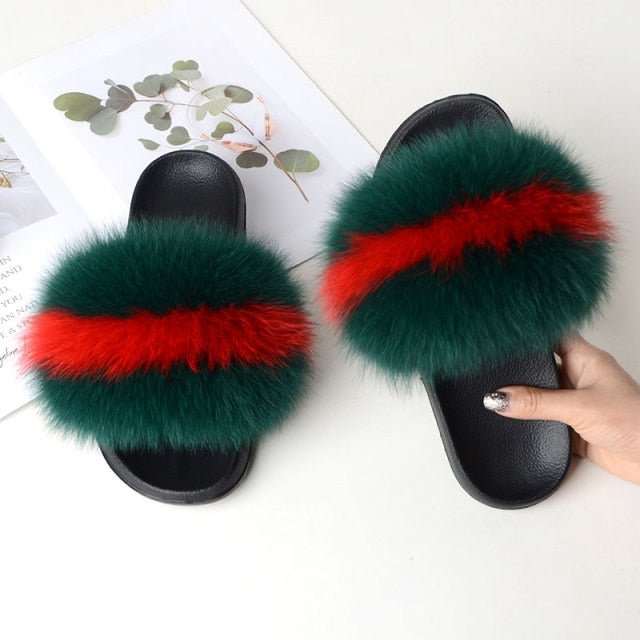 Women Summer Casual Fluffy Slippers With Fur Flat Non-Slip Real Fox Fur Furry Slides Large Size Shoes Fur Sandals