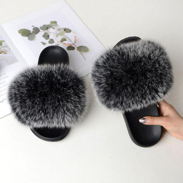 Women Summer Casual Fluffy Slippers With Fur Flat Non-Slip Real Fox Fur Furry Slides Large Size Shoes Fur Sandals