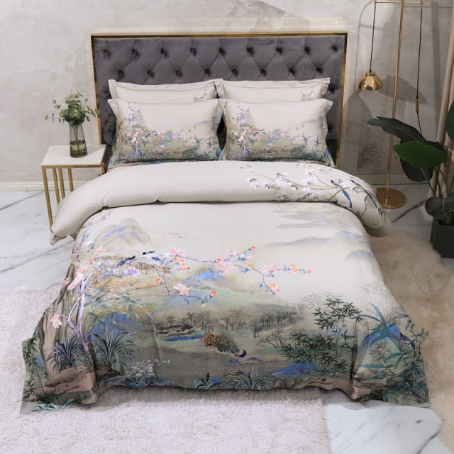 100% Egyptian Cotton Bedding Birds and Flowers Leaf Gray Shabby Duvet Cover Bed sheet Pillow shams