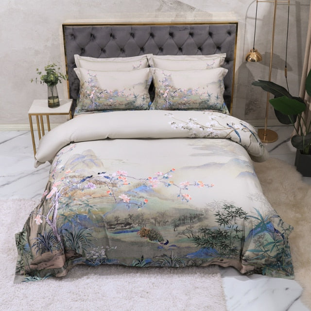 100% Egyptian Cotton Queen King size 4Pcs Birds and Flowers Leaf Gray Shabby Duvet Cover Bed sheet Pillow shams