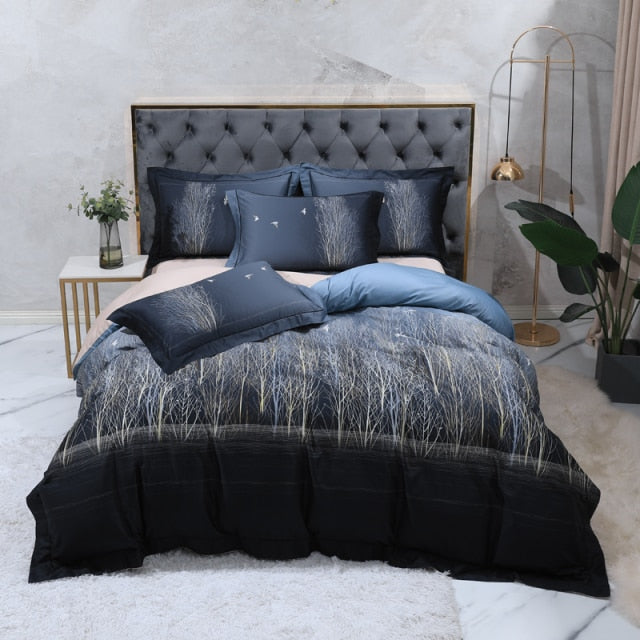 100% Egyptian Cotton Bedding Birds and Flowers Leaf Gray Shabby Duvet Cover Bed sheet Pillow shams