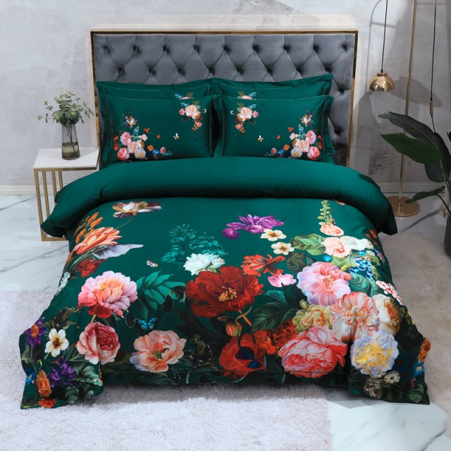 100% Egyptian Cotton Bedding Birds and Flowers Leaf Gray Shabby Duvet Cover Bed sheet Pillow shams