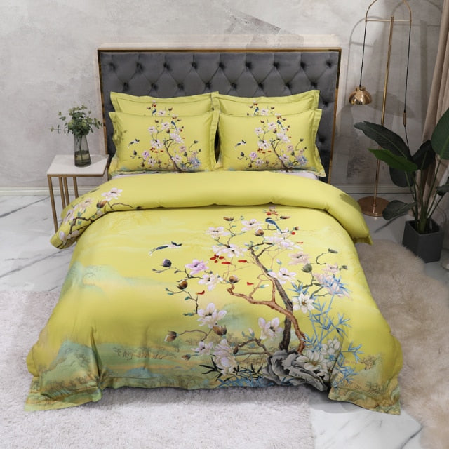 100% Egyptian Cotton Queen King size 4Pcs Birds and Flowers Leaf Gray Shabby Duvet Cover Bed sheet Pillow shams