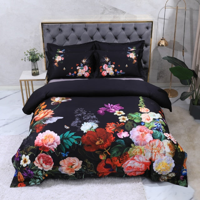 100% Egyptian Cotton Bedding Queen King size 4Pcs Birds and Flowers Leaf Gray Shabby Duvet Cover Bed sheet Pillow shams