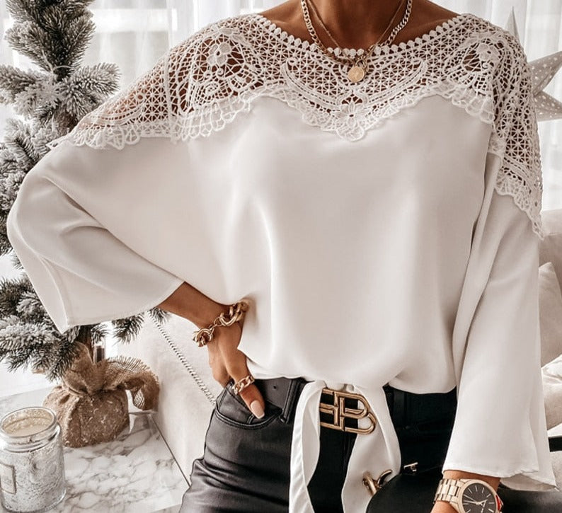 Crochet Embroidery Lace Blouses Lace Stitching White Shirts Vintage Ladies Tops