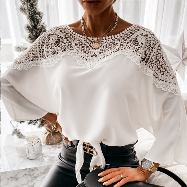 Crochet Embroidery Lace Blouses Lace Stitching White Shirts Vintage Ladies Tops