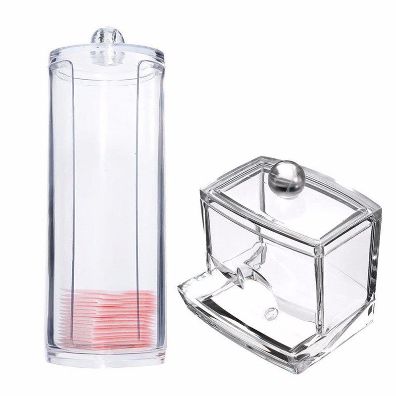 Transparent Round Container Storage Case Makeup Cotton Pad Box + Acrylic Cotton Swab Storage Holder Box