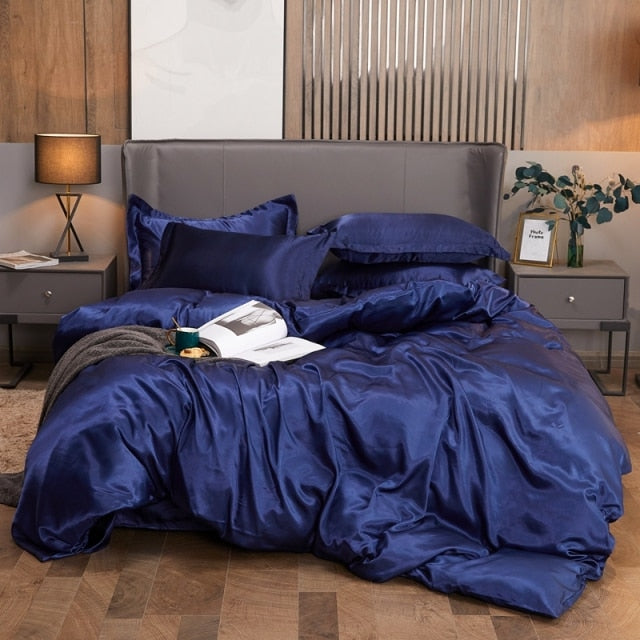 Bedding Set Solid Color Luxury Bedding Kit Rayon Satin Duvet Cover Set