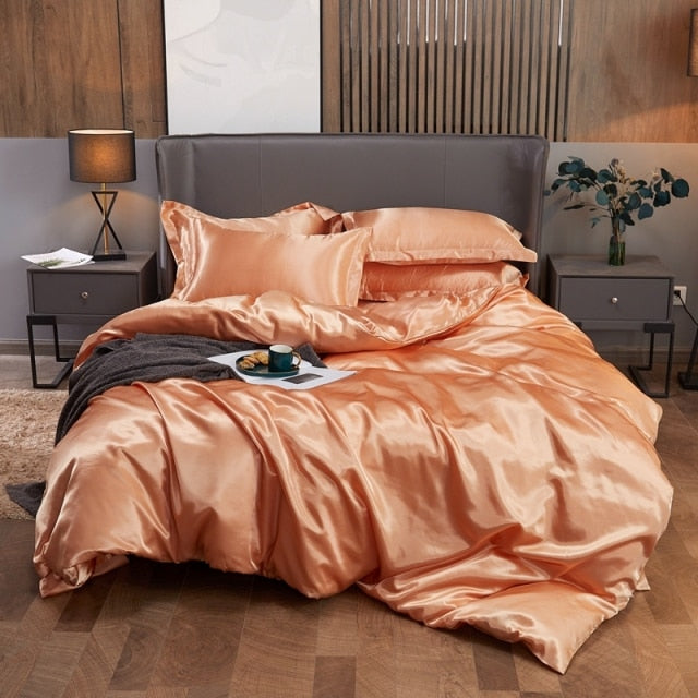 Bedding Set Solid Color Luxury Bedding Kit Rayon Satin Duvet Cover Set