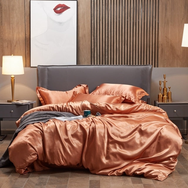 Bedding Set Solid Color Luxury Bedding Kit Rayon Satin Duvet Cover Set
