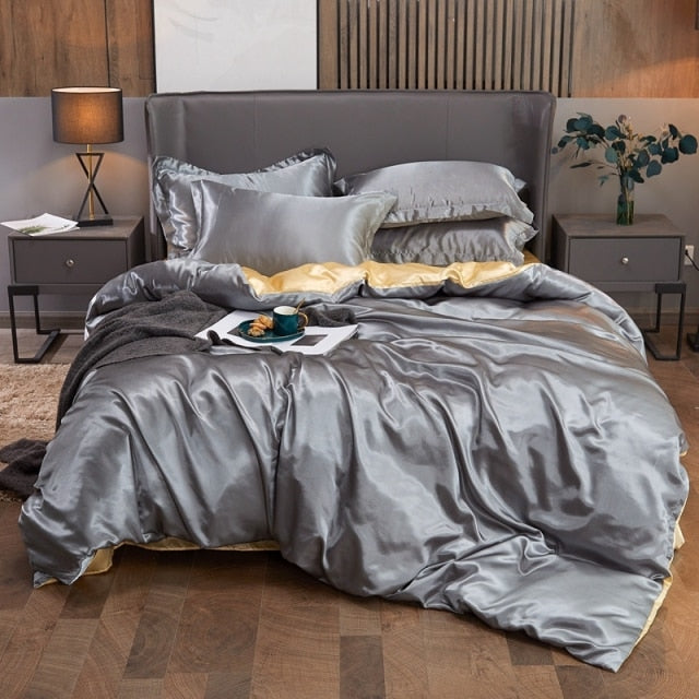 Bedding Set Solid Color Luxury Bedding Kit Rayon Satin Duvet Cover Set