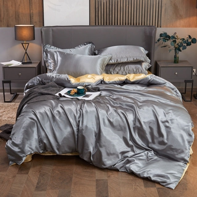 Luxury Silky Silver Blue Gold Heart Quilted Satin King Queen 3pcs Comforter  Set