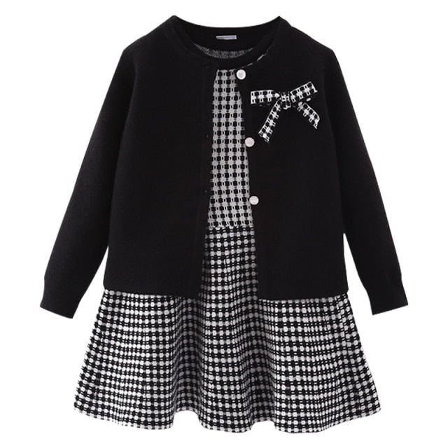 baby sweater knitting long sleeve dress Christmas Day party plaid sweater coat Plaid vest suit dress