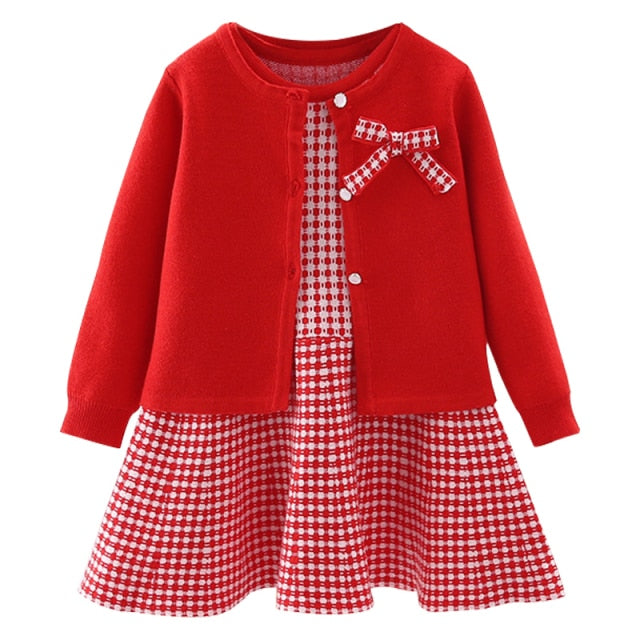 baby sweater knitting long sleeve dress Christmas Day party plaid sweater coat Plaid vest suit dress