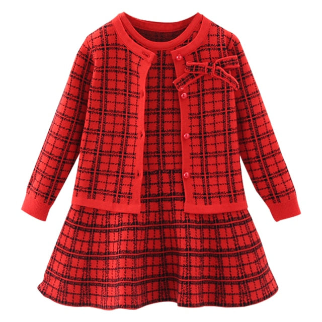 baby sweater knitting long sleeve dress Christmas Day party plaid sweater coat Plaid vest suit dress