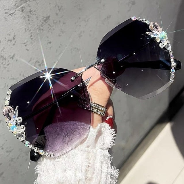 Rimless Rhinestone Sunglasses Women Men Fashion Gradient Lens Sun Glasses Shades for Female
