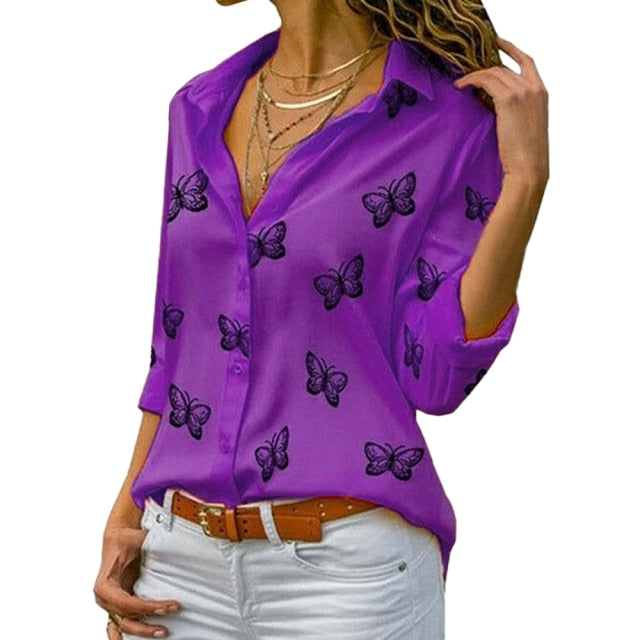 Butterfly Print Blouse Shirt Long Sleeve V Neck Ladies Buttons Tops Loose Blouses