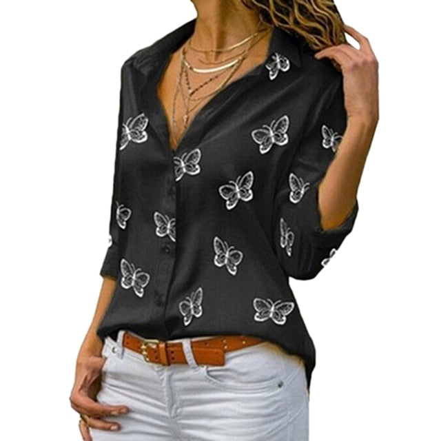 Butterfly Print Blouse Shirt Long Sleeve V Neck Ladies Buttons Tops Loose Blouses