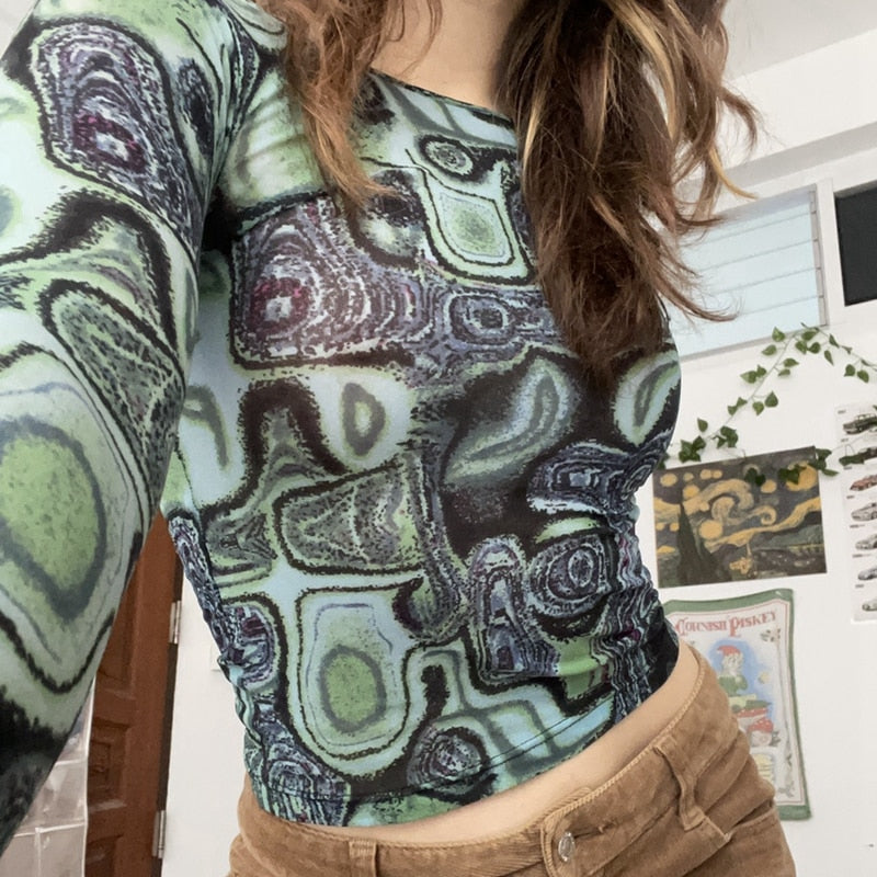 Gothic Print Mesh T-shirt Women Long Sleeve Slim Fit Cropped Top Aesthetic Summer Tee Streetwear 90s Vintage Punk Style Tee
