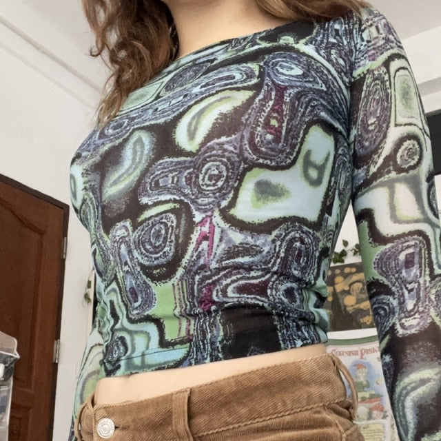 Gothic Print Mesh T-shirt Women Long Sleeve Slim Fit Cropped Top Aesthetic Summer Tee Streetwear 90s Vintage Punk Style Tee