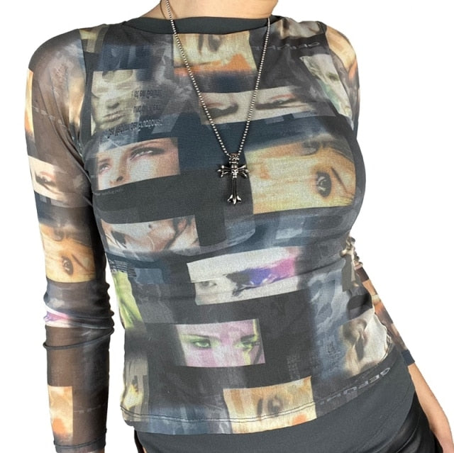 Gothic Print Mesh T-shirt Women Long Sleeve Slim Fit Cropped Top Aesthetic Summer Tee Streetwear 90s Vintage Punk Style Tee