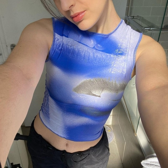 Gothic Print Mesh T-shirt Women Long Sleeve Slim Fit Cropped Top Aesthetic Summer Tee Streetwear 90s Vintage Punk Style Tee