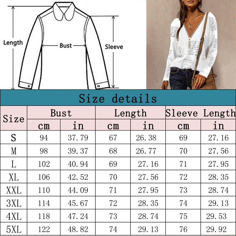 Ladies Zipper V-Neck English Printing Long-sleeved Casual Loose Top T-Shirt Women Clothing