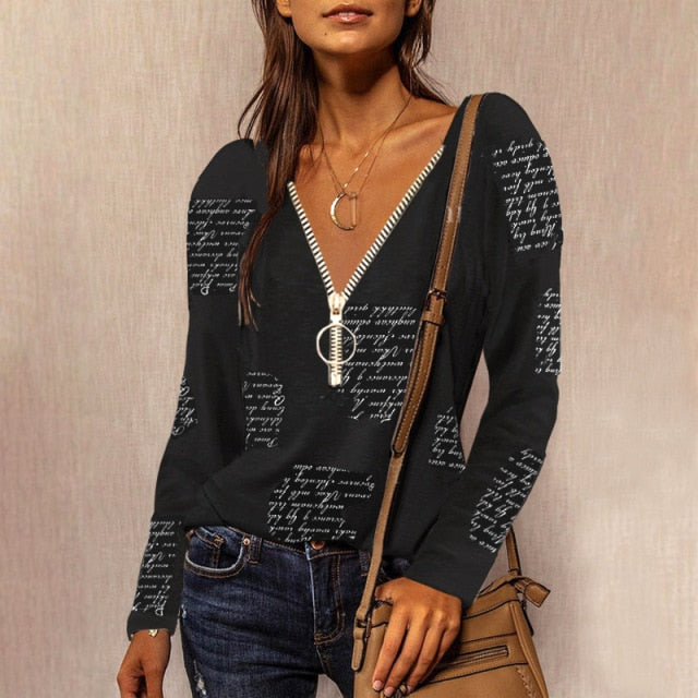 Ladies Zipper V-Neck English Printing Long-sleeved Casual Loose Top T-Shirt Women Clothing