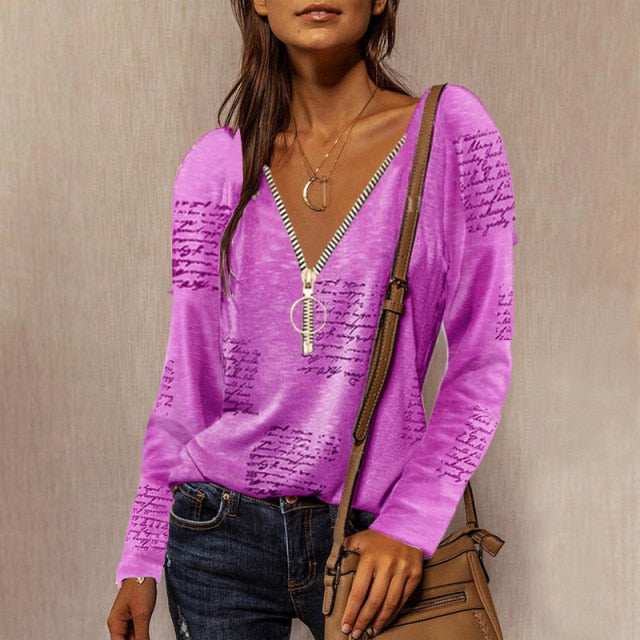 Ladies Zipper V-Neck English Printing Long-sleeved Casual Loose Top T-Shirt Women Clothing
