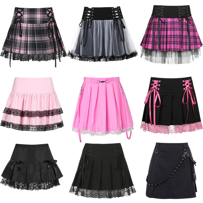 Gothic Lace Mini Pleated Skirt Women Punk Y2K Aesthetic High Waist A-Line Short Skirt 90s Vintage Harajuku Streetwear
