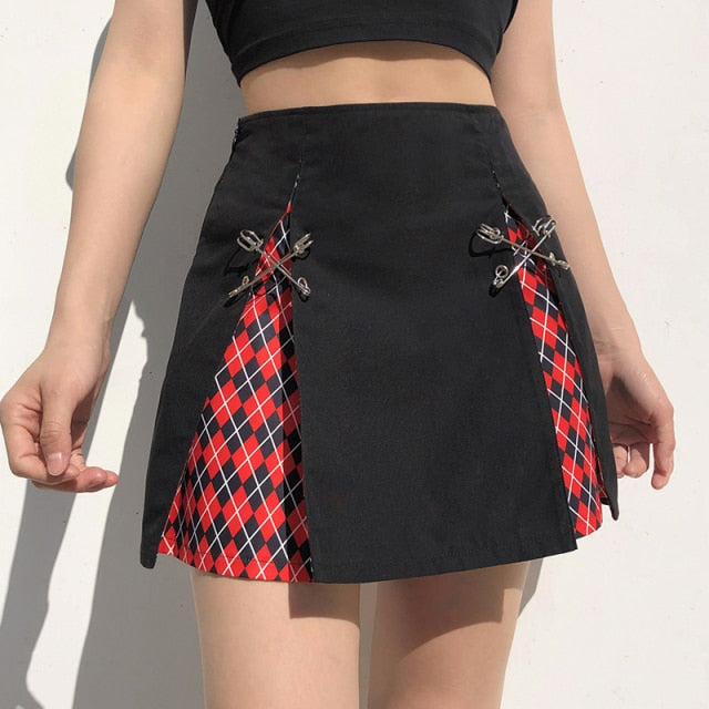 Gothic Lace Mini Pleated Skirt Women Punk Short Skirt 90s Vintage Harajuku Streetwear
