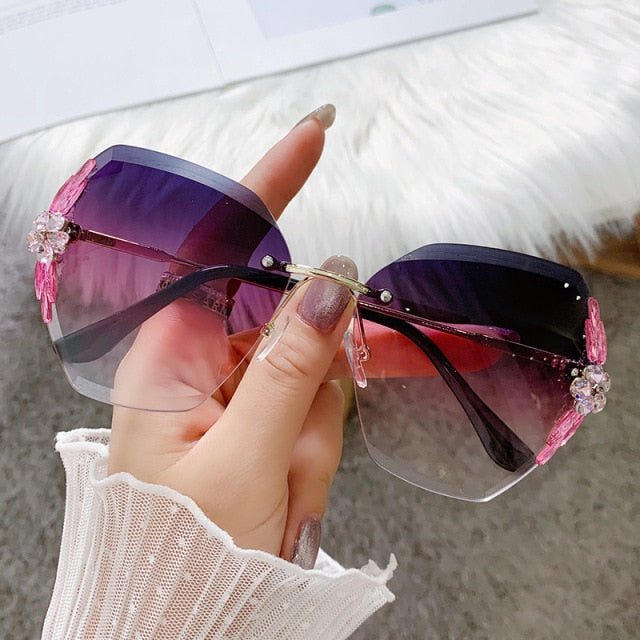 Rimless Rhinestone Sunglasses Women Men Fashion Gradient Lens Sun Glasses Shades for Female
