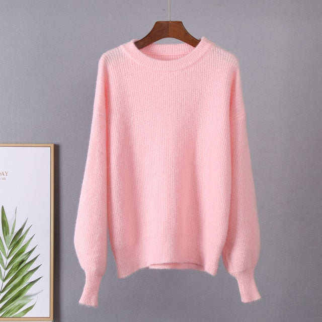 Soft Loose Knitted Cashmere Sweaters Winter Loose Solid Female Pullovers Warm Basic Knitwear Jumper