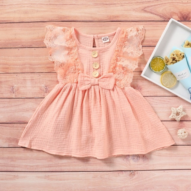 Summer Newborn Baby Girl Cotton Linen Sleeveless Dress Fashion  Lace-edged Casual Sundress Bow Dress Clothes