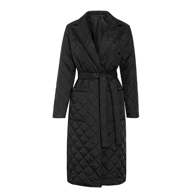 Long straight winter coat with rhombus pattern Casual sashes women parkas Deep pockets tailored collar stylish outerwear