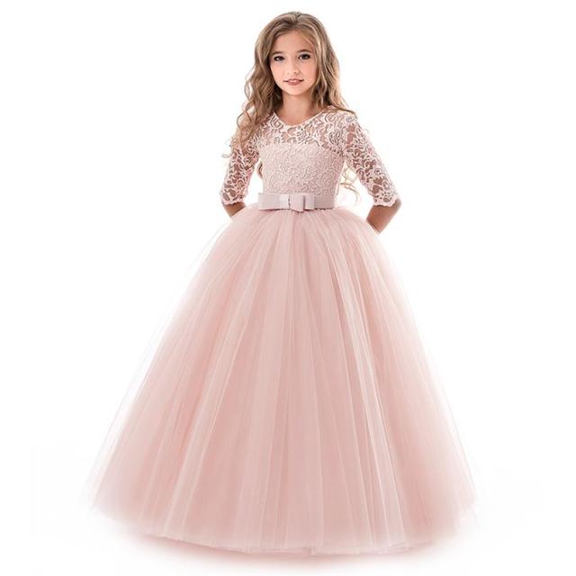 Princess Lace Dress Kids Flower Embroidery Dress For Girls Vintage Children Dresses For Wedding Party Formal Ball Gown 14T