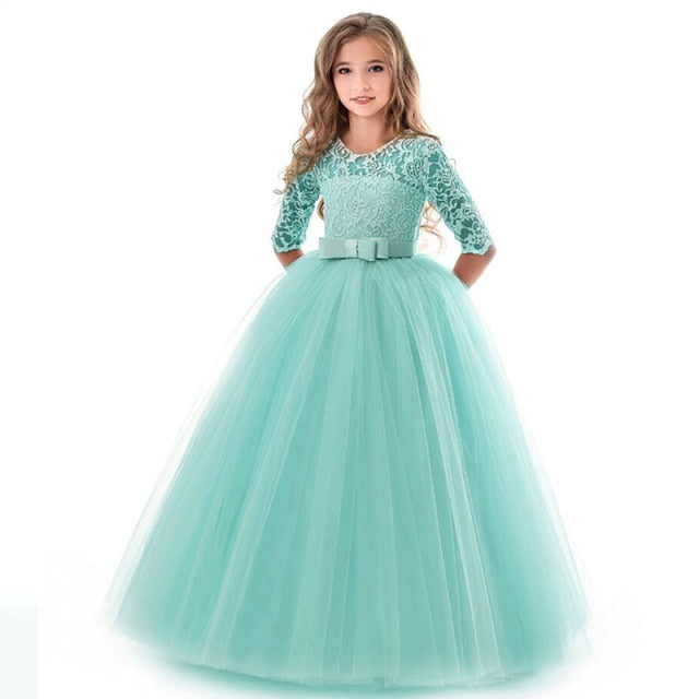 Princess Lace Dress Kids Flower Embroidery Dress For Girls Vintage Children Dresses For Wedding Party Formal Ball Gown 14T
