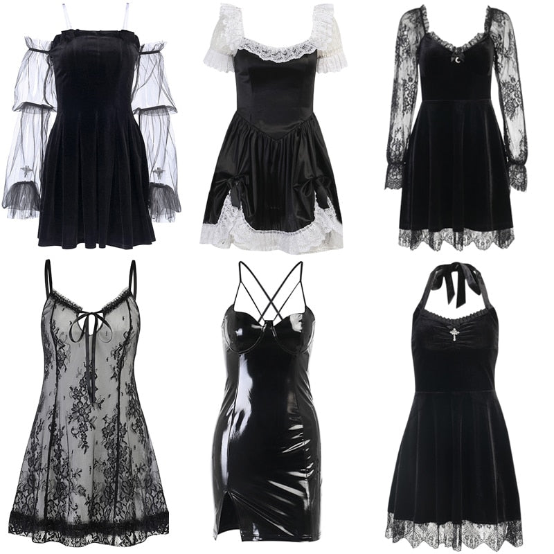 Grunge Gothic Black Mini Dress Lace Trim High Waist Bodycon Dress Y2K Women 90s Vintage Punk Harajuku Lolita Clothes
